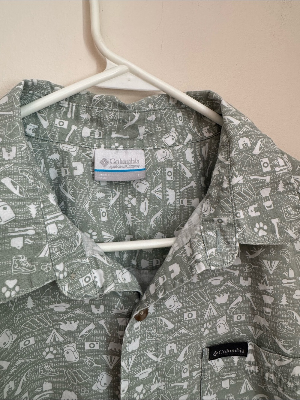 Columbia Outdoor Camping Print Button Front Shirt Men’s Large 100% Cotton Green - Picture 3 of 5